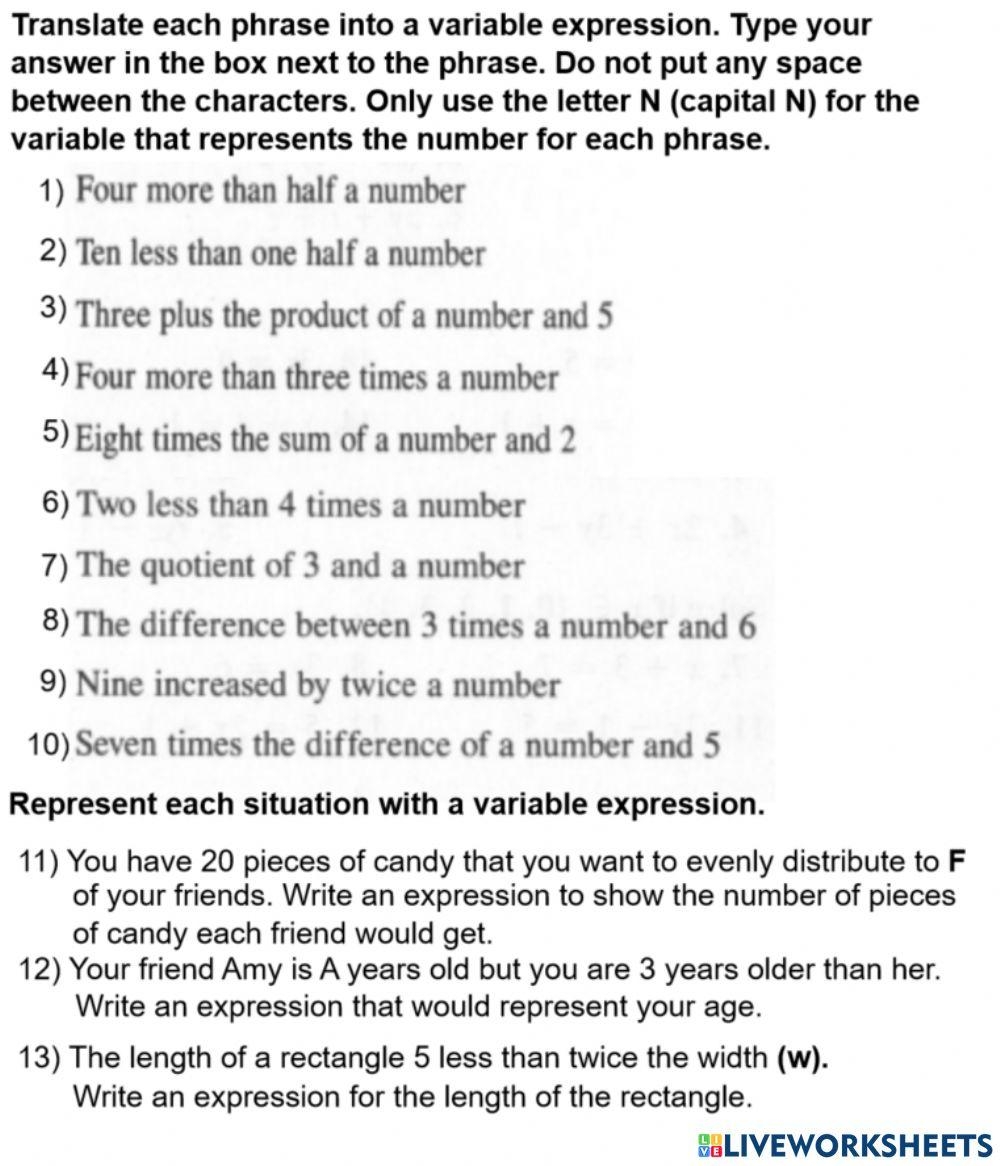 Translating Phrases Into Algebraic Expressions Worksheet Live Worksheets Library Translating Phrases Into Algebraic Expressions Worksheet Live Worksheets Library