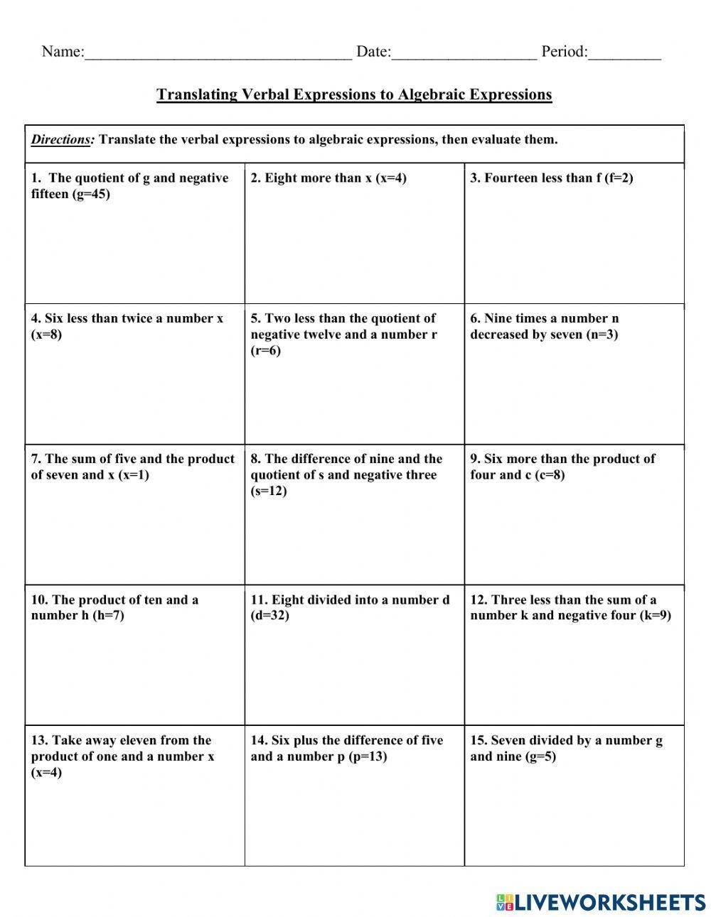 Translating Words To Algebraic Expressions Interactive Worksheet Worksheets Library