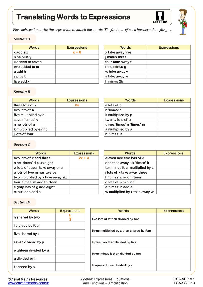Translating Words To Expressions Worksheet PDF Printable Algebra Worksheet Cazoom Math