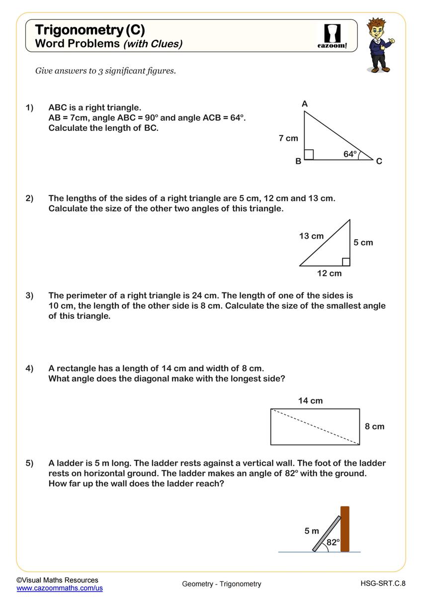Trigonometic Ratios SOH CAH TOA Word Problems With Clues Worksheet PDF Printable Geometry Worksheet Cazoom Math