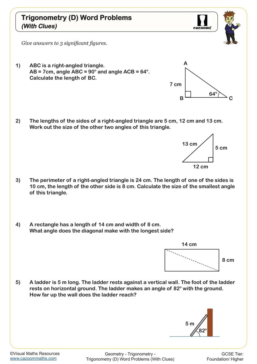 Trigonometry D Word Problems With Clues Worksheet Printable Maths Worksheets