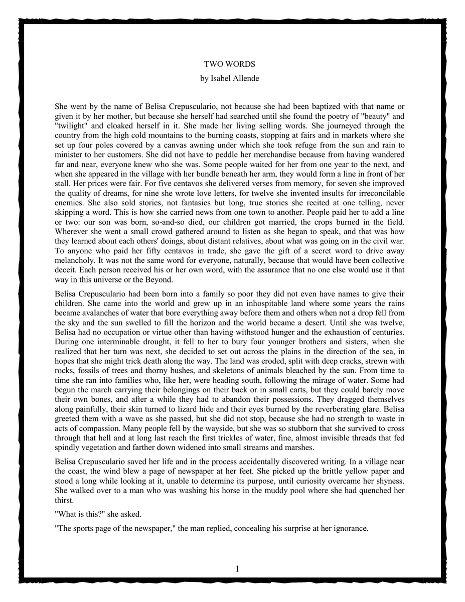 Two Words A Short Story By Isabel Allende