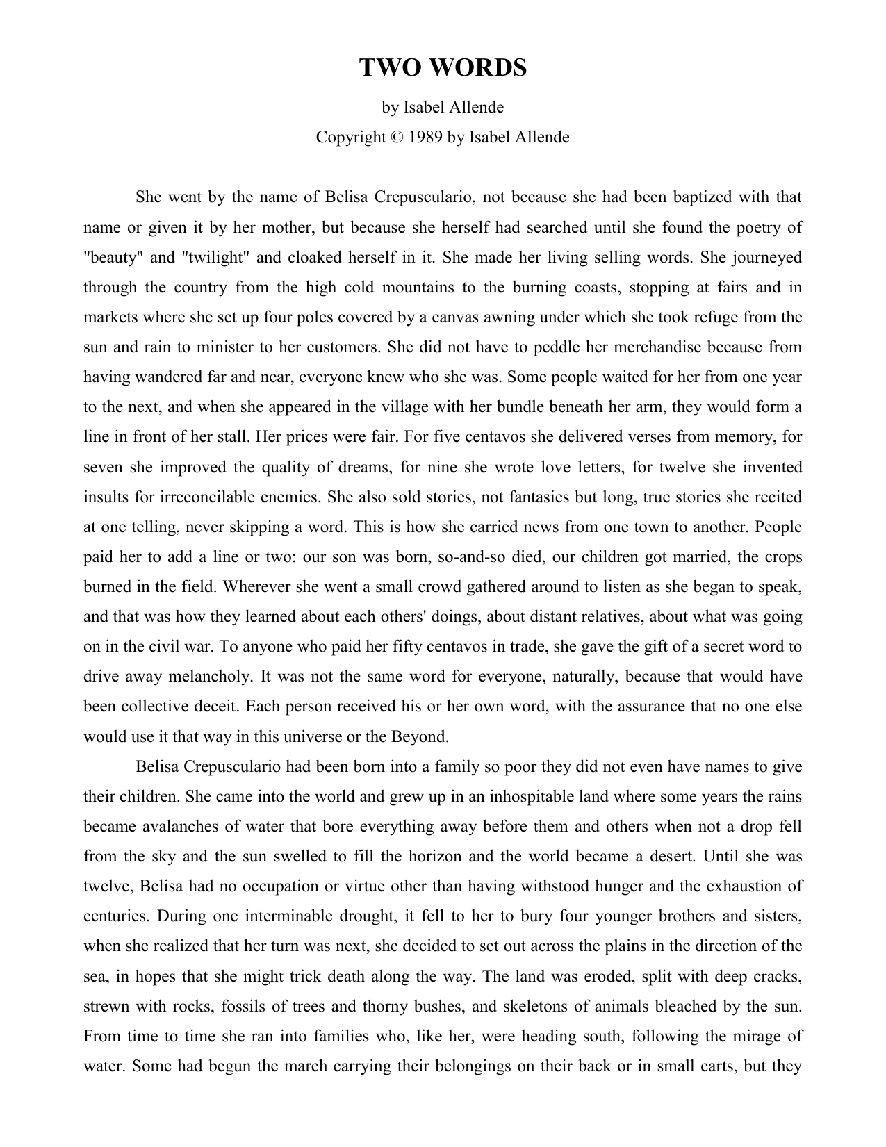 Two Words By Isabel Allende A Short Story Analysis Two Words By Isabel Allende A Short Story Analysis