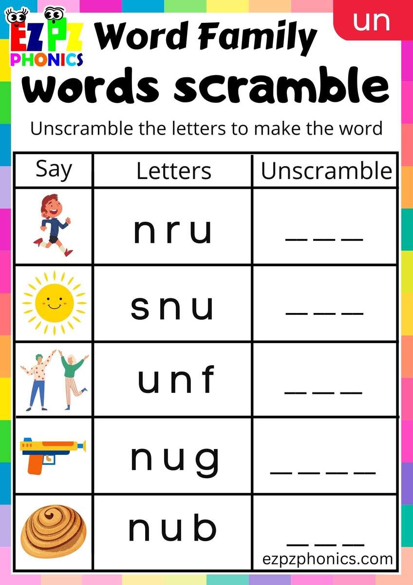 UN Words Words Scramble Phonics Word Families Worksheet Ezpzphonics