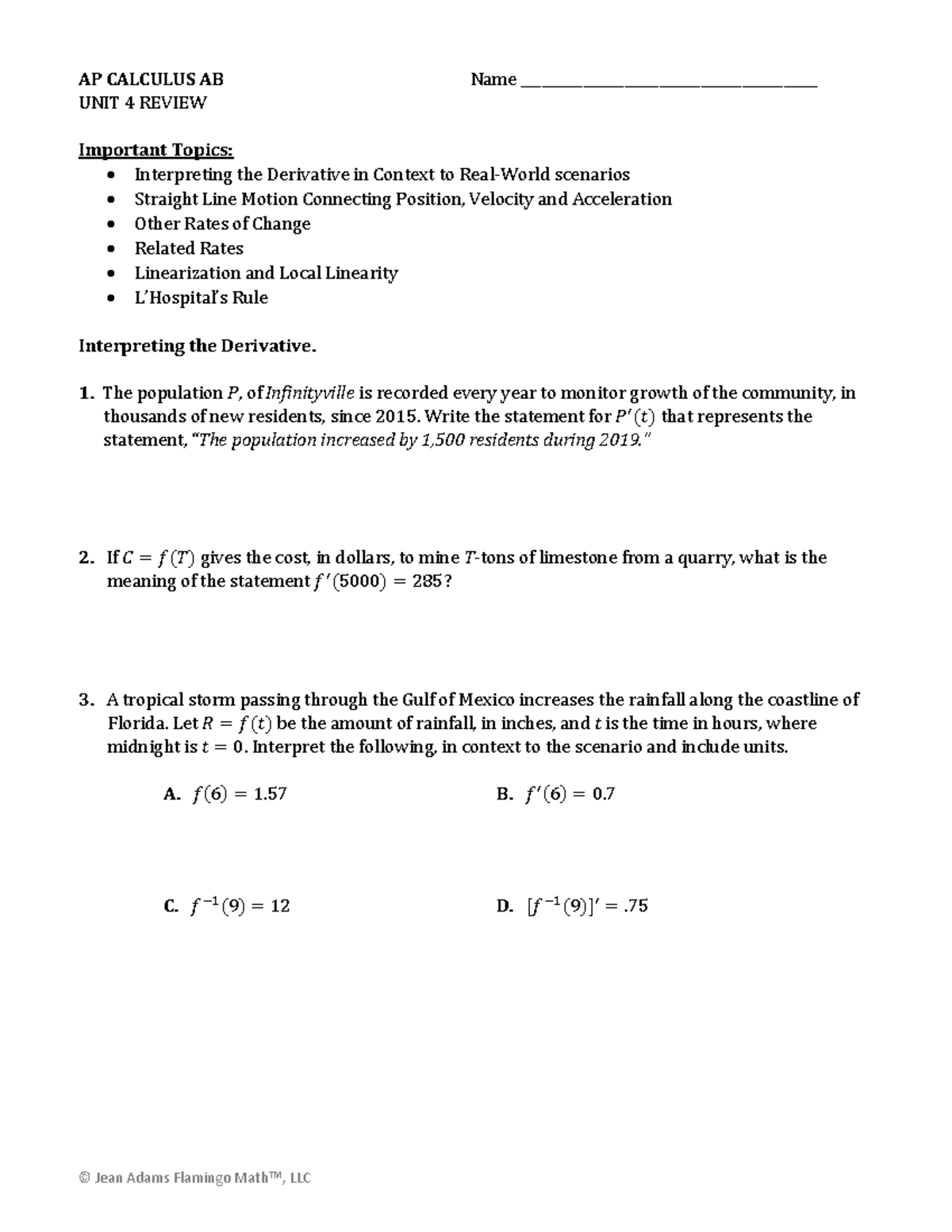 Unit 4 AP Calc AB Review Key Topics Practice Problems Studocu