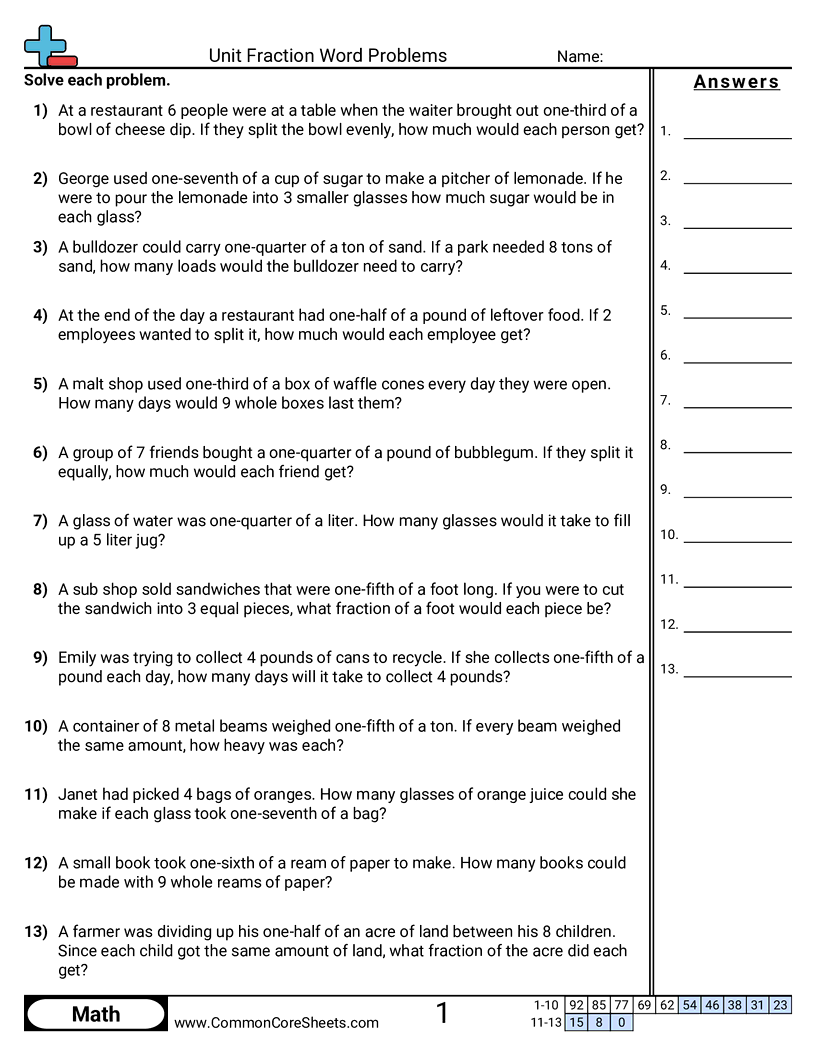 Unit Fraction Word Problems Worksheet Download