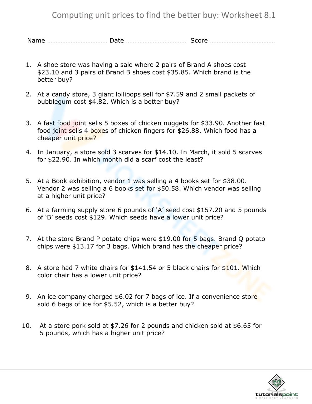 Unit Prices Worksheet Calculate Unit Prices Easily Money Problems ArgoPrep