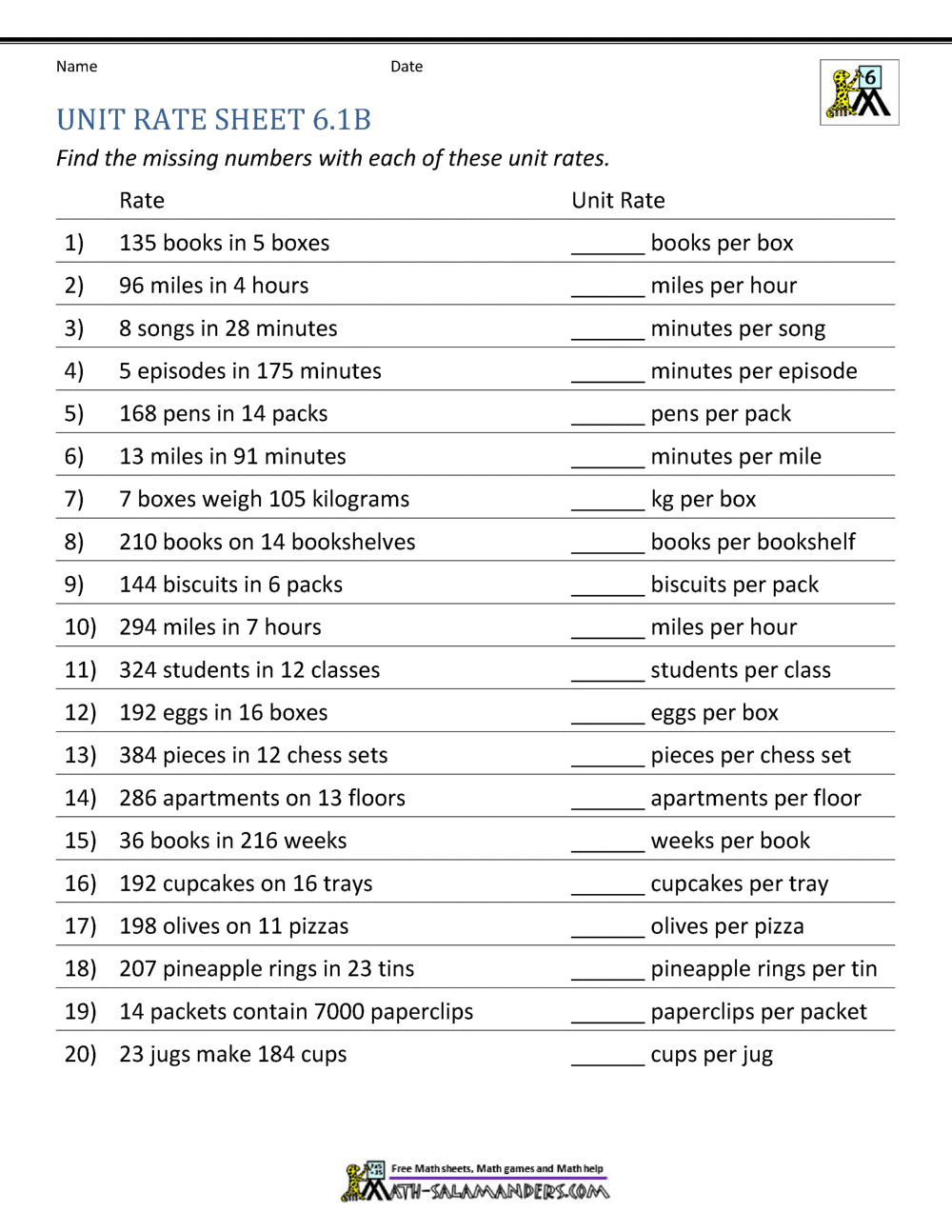 Unit Rate Problems 6th Grade Unit Rate Problems 6th Grade