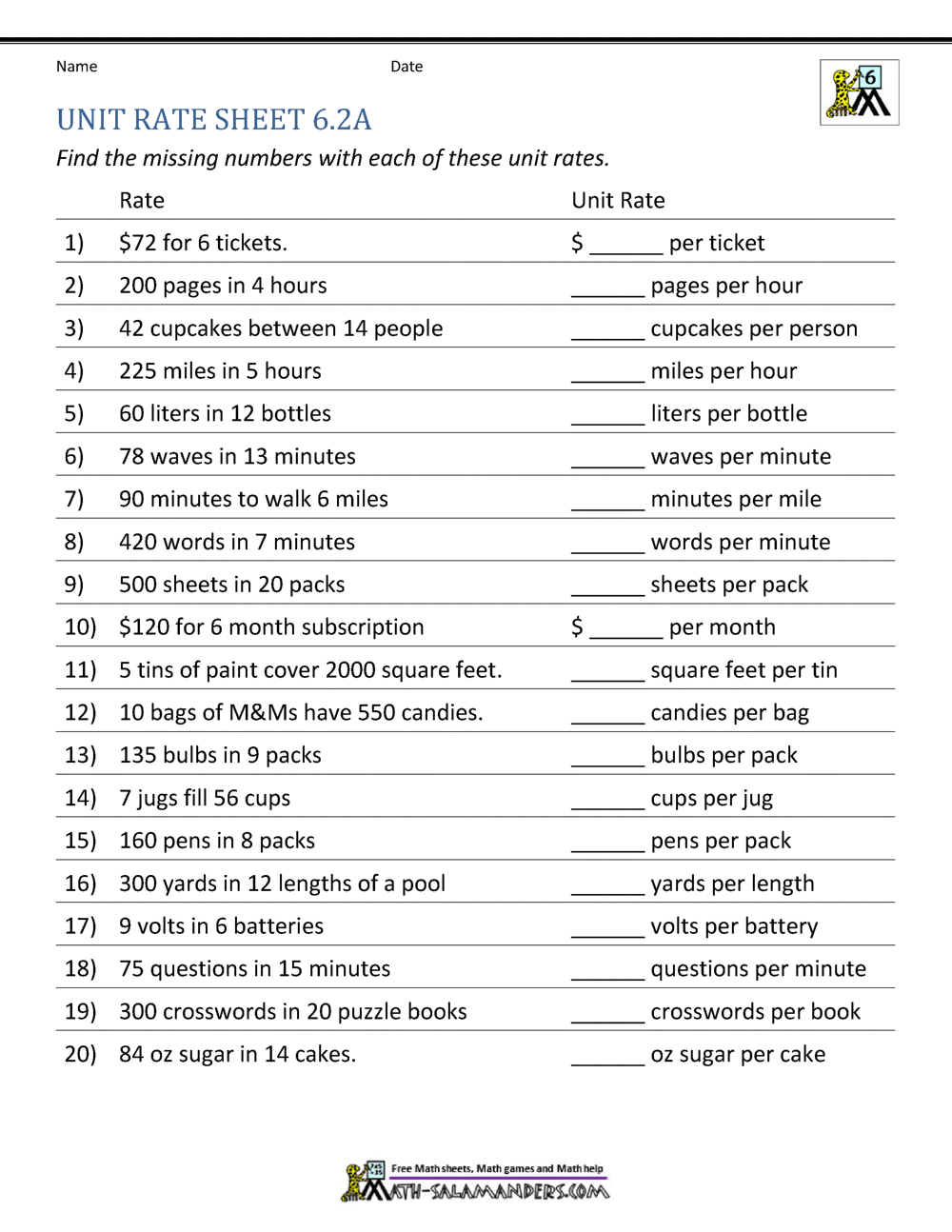 Unit Rate Problems 6th Grade