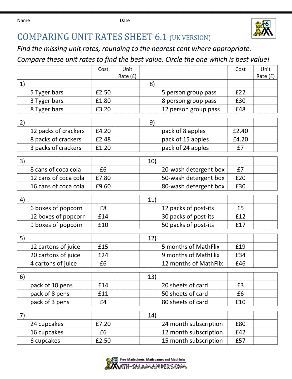 Unit Rate Problems 6th Grade