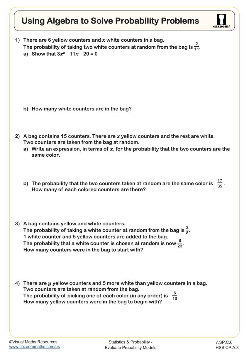 Using Algebra To Solve Probability Problems Worksheet Fun And Engaging 7th Grade And IM 1 And Algebra I Statistics Probability Worksheet Cazoom Math Using Algebra To Solve Probability Problems Worksheet Fun And Engaging 7th Grade And IM 1 And Algebra I Statistics Probability Worksheet Cazoom Math