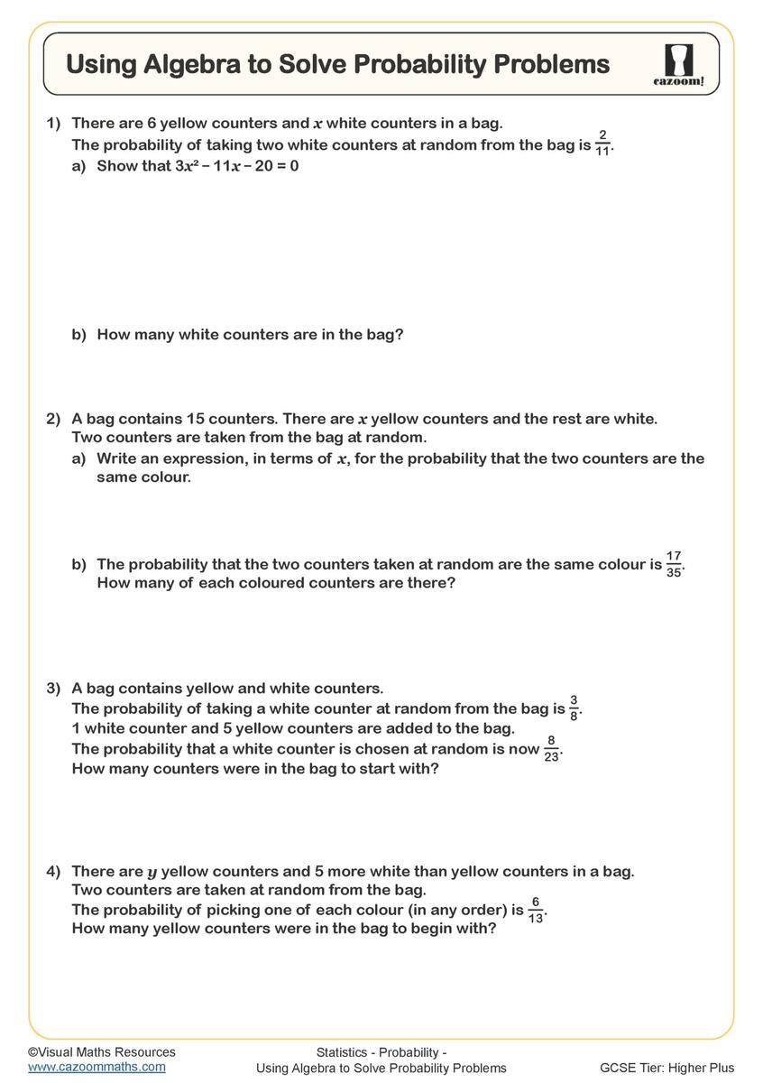 Using Algebra To Solve Probability Problems Worksheet Fun And Engaging PDF Worksheets