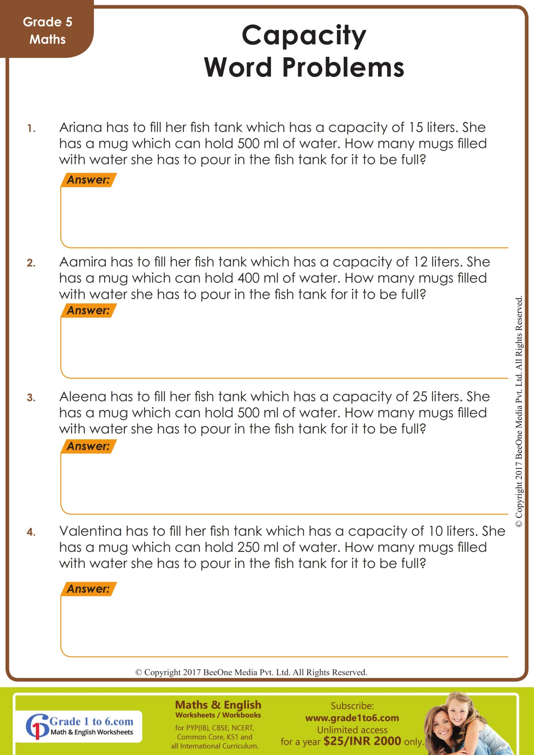 Volume And Capacity Word Problems Worksheet