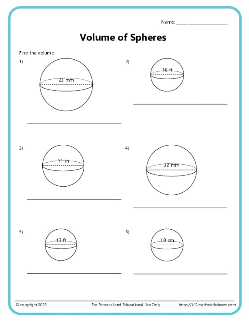 Volume And Surface Area Of Spheres K12 Math Worksheets