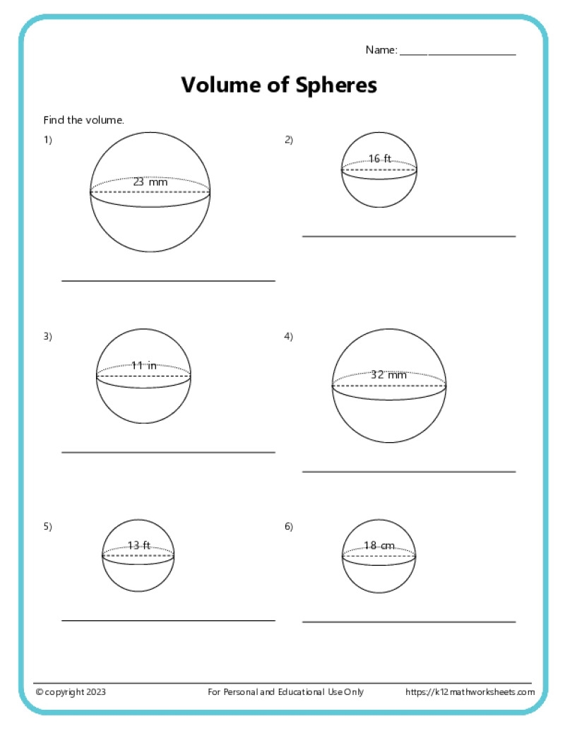 Volume And Surface Area Of Spheres K12 Math Worksheets