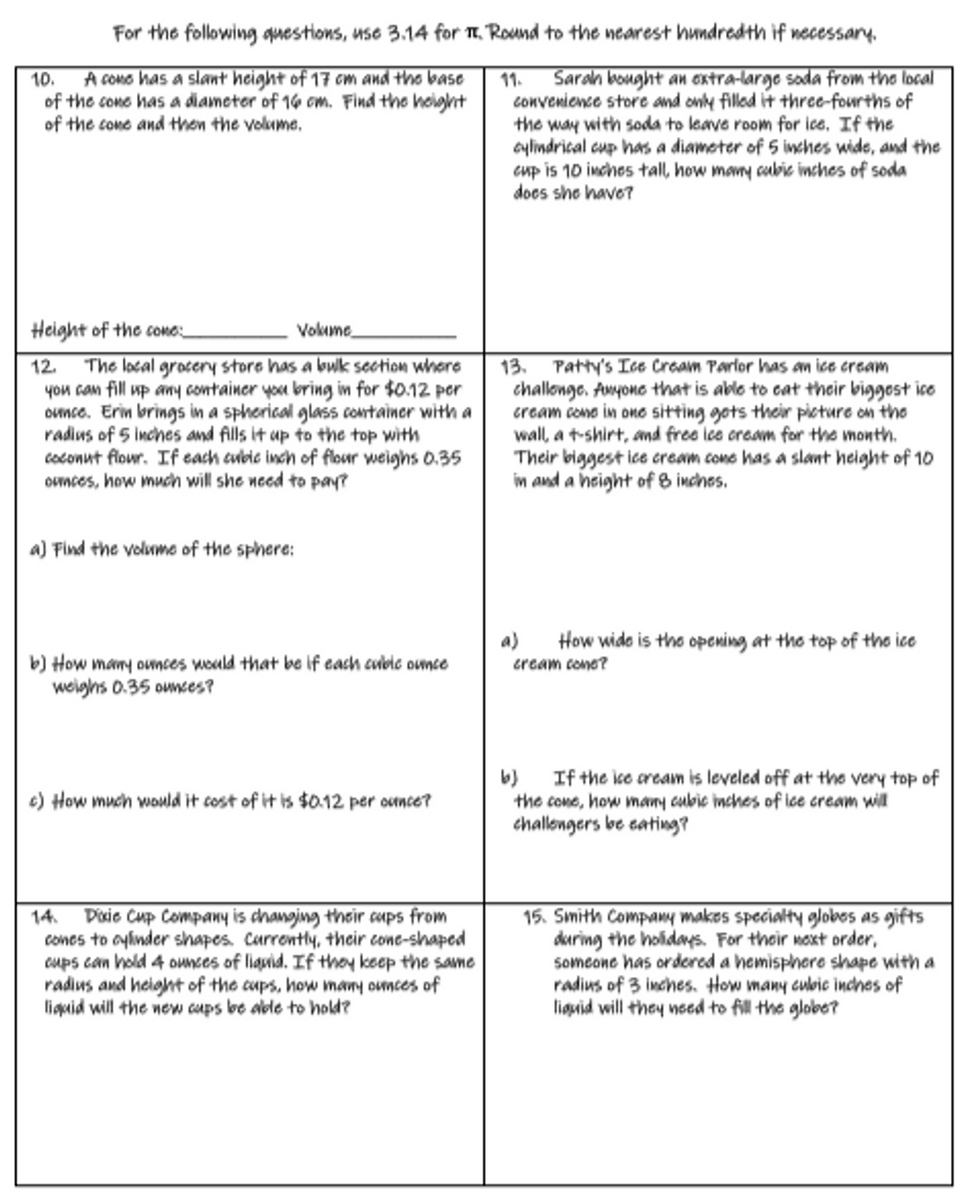 Volume Of Cylinders Cones And Spheres Task Cards Bright In The Middle