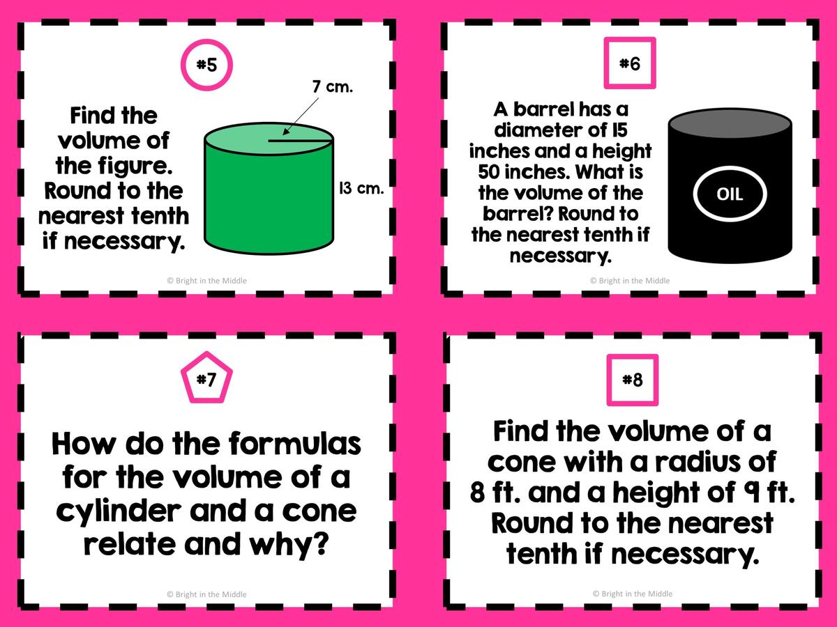 Volume Of Cylinders Cones And Spheres Task Cards Bright In The Middle