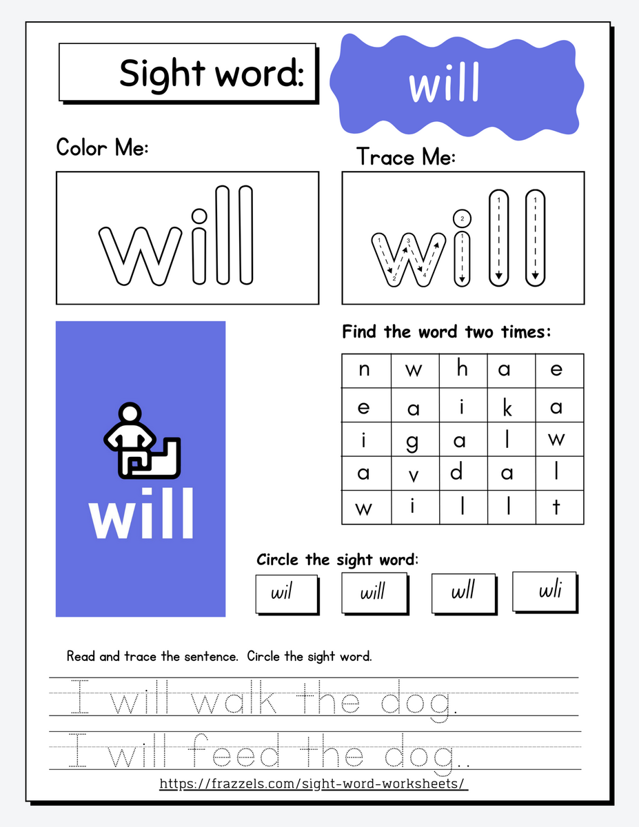 Will FREE Sight Word Worksheet Frazzels Free Sight Word Will Worksheets Teach Prints