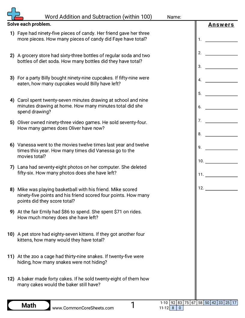 Word Addition And Subtraction within 100 Worksheet Download
