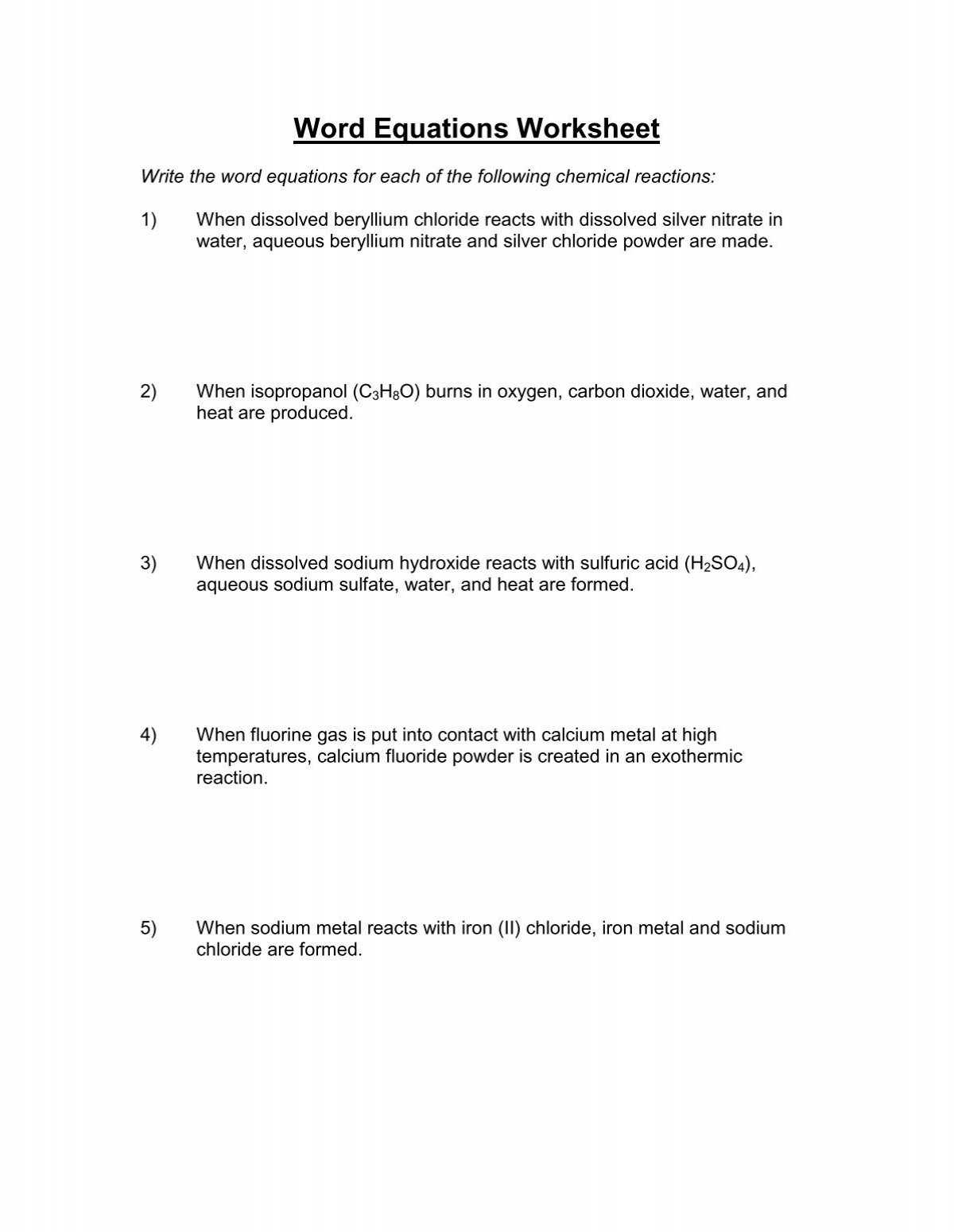 Word Equations Worksheet 49 Balancing Chemical Equations Worksheets With Answers Worksheets Library