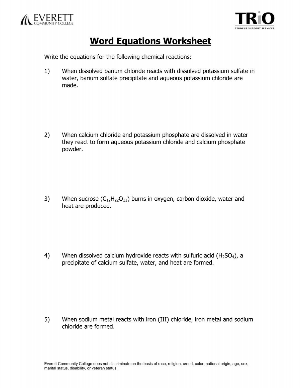 Word Equations Worksheet Everett Community College Word Equations Worksheet Everett Community College