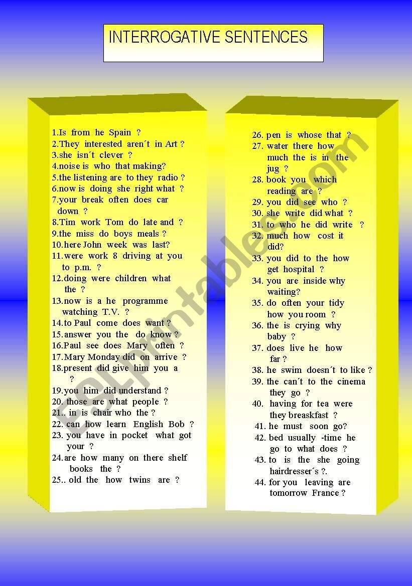 Word Order Interrogative Sentences 2 2 ESL Worksheet By Anareb Word Order Interrogative Sentences 2 2 ESL Worksheet By Anareb