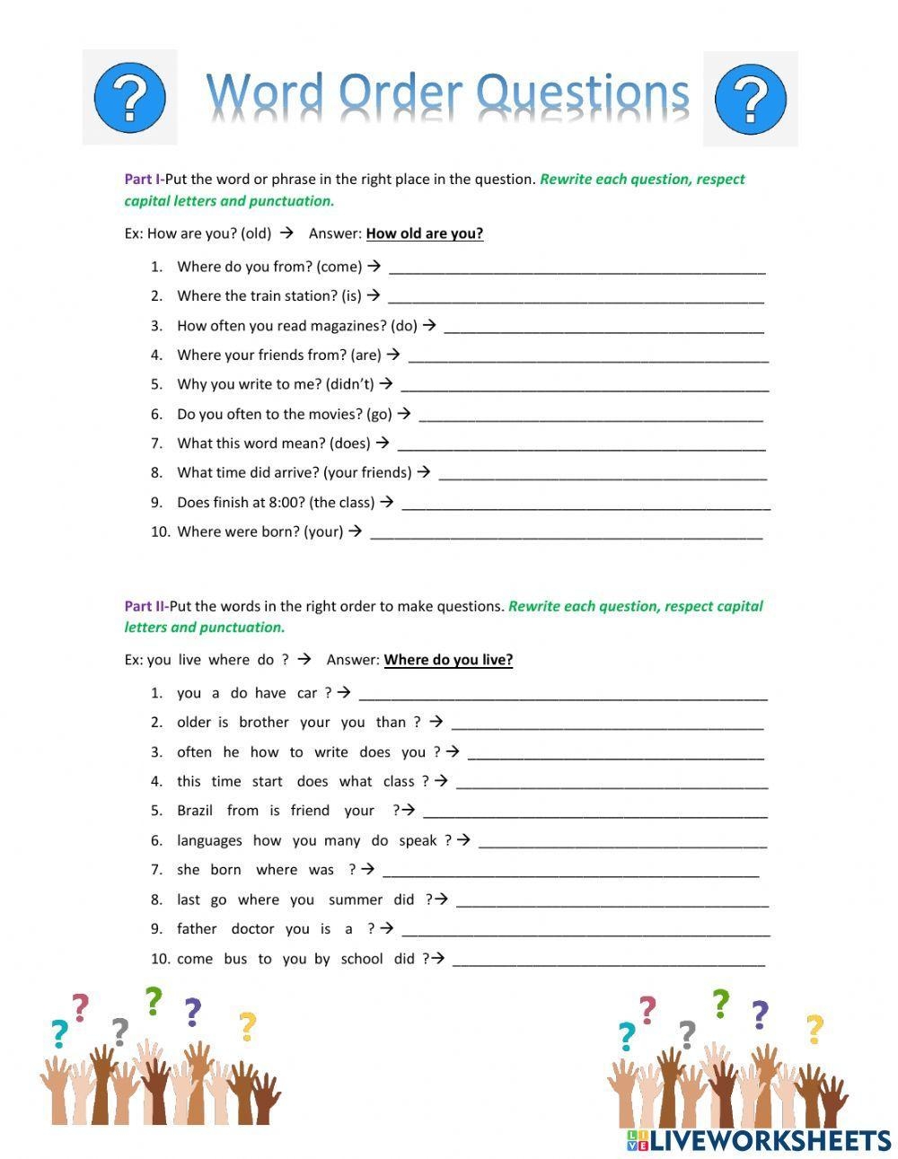Word Order Questions Worksheet Worksheets Library