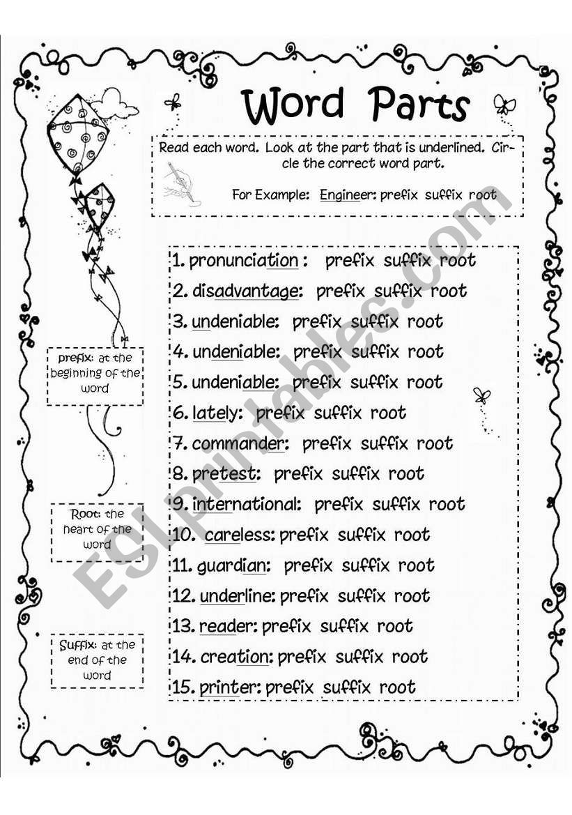 Word Parts Prefix Root Suffix Worksheet Set ESL Worksheet By Worksheets Library