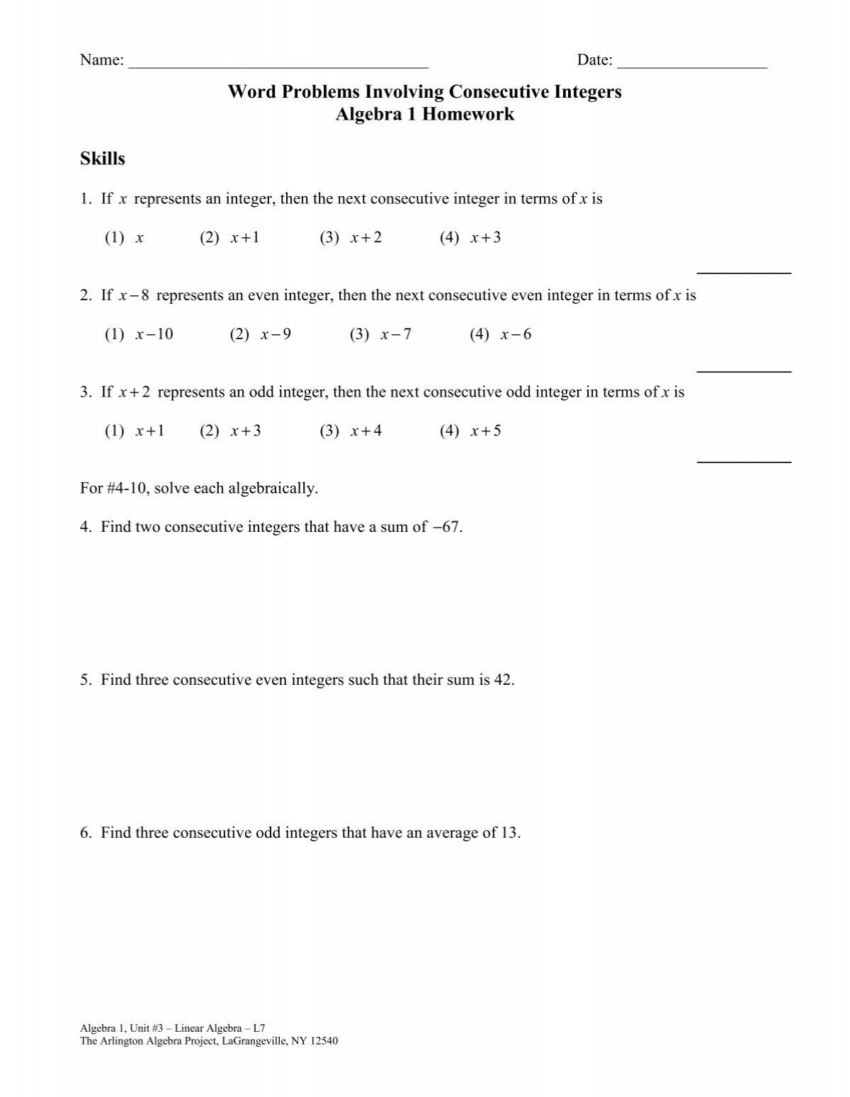 Word Problems Involving Consecutive Integers Algebra 1 Word Problems Involving Consecutive Integers Algebra 1