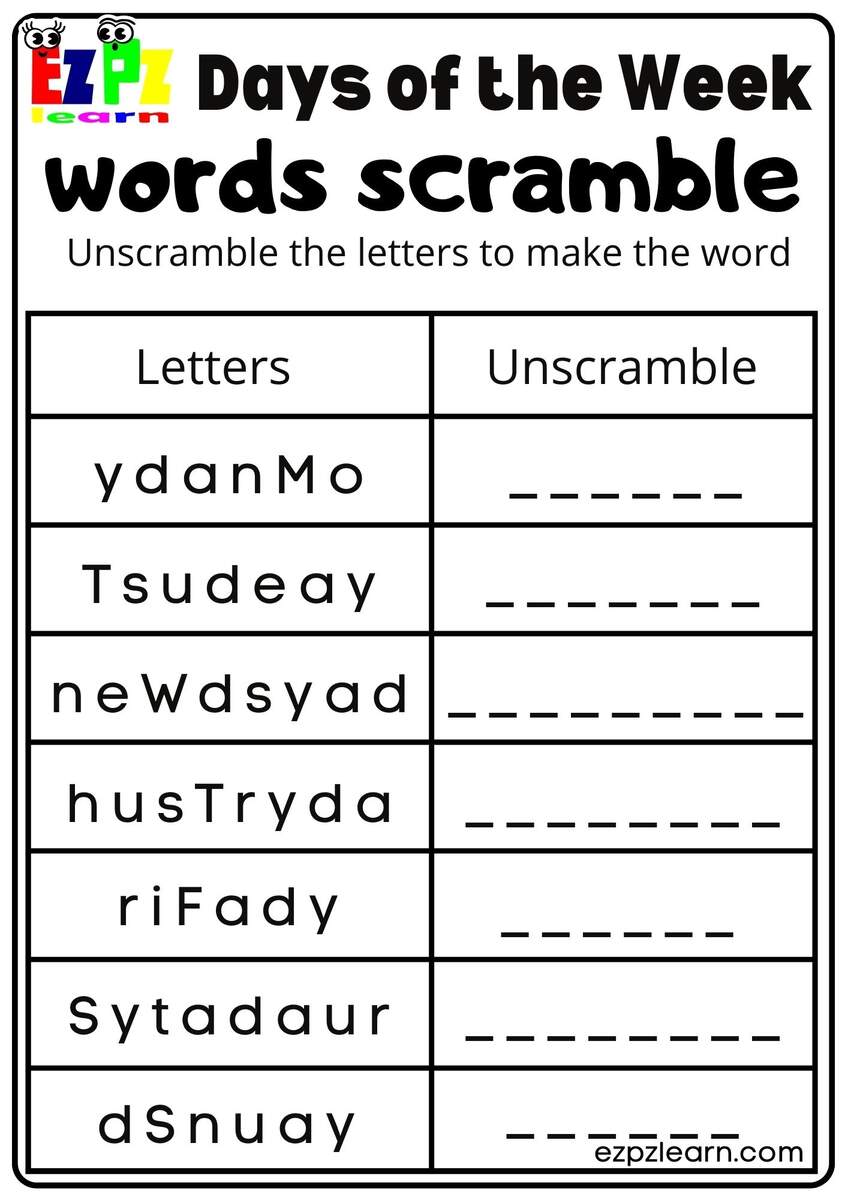 Word Scramble Days Of The Week Kids Activity Ezpzlearn Word Scramble Days Of The Week Kids Activity Ezpzlearn