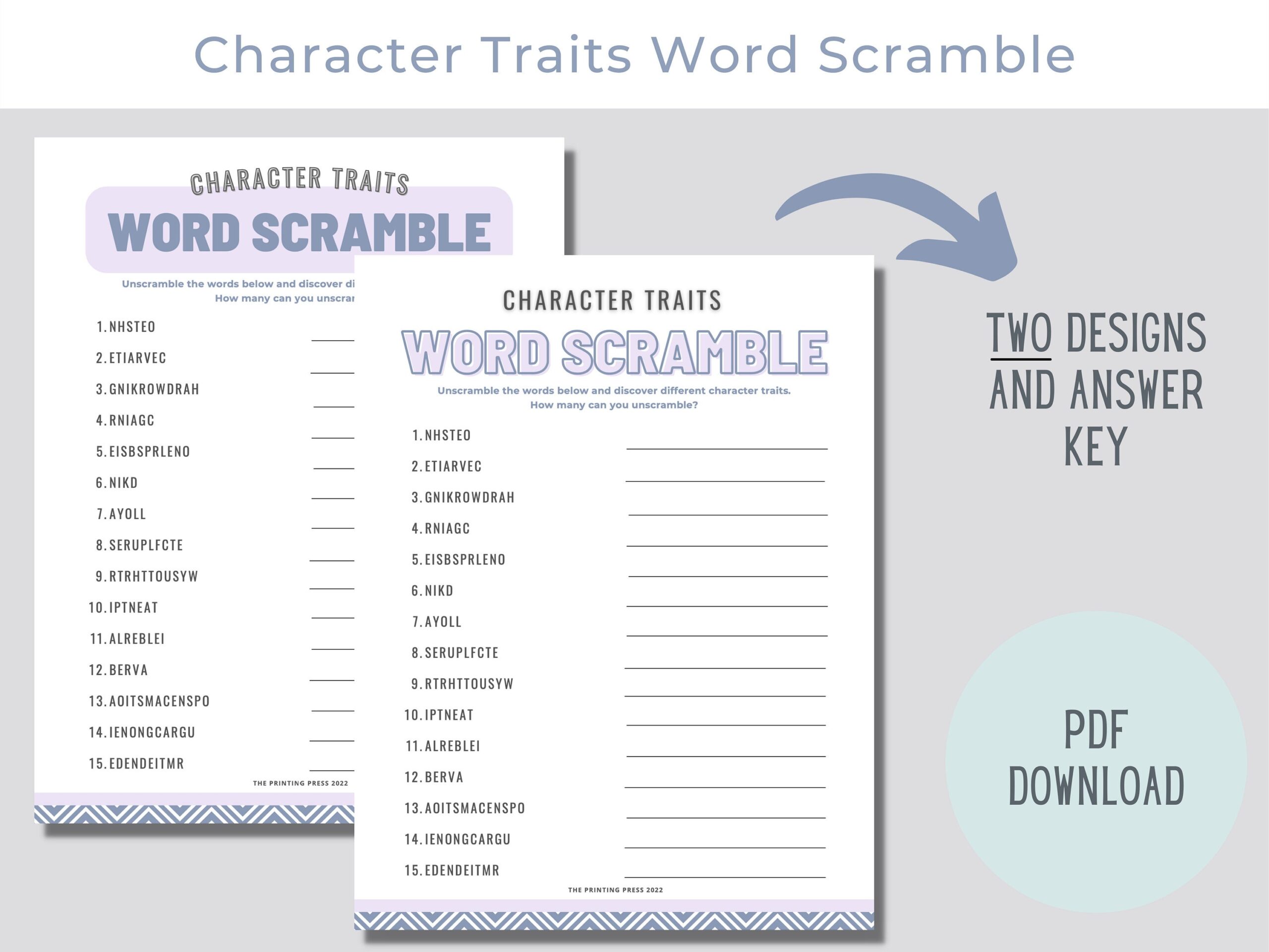 Word Scramble Game Character Traits Social Emotional Activity Printable Mental Health Counseling Printable Instant Download PDF File Etsy