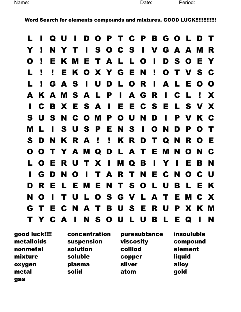 Word Search For Elements Compounds And Mixtures GOOD LUCK WordMint Word Search For Elements Compounds And Mixtures GOOD LUCK WordMint