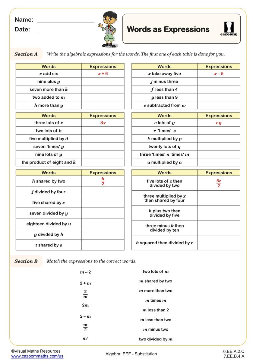 Words As Expressions Worksheet Fun And Engaging 6th Grade And 7th Grade Algebra EEF Worksheet Cazoom Math Words As Expressions Worksheet Fun And Engaging 6th Grade And 7th Grade Algebra EEF Worksheet Cazoom Math