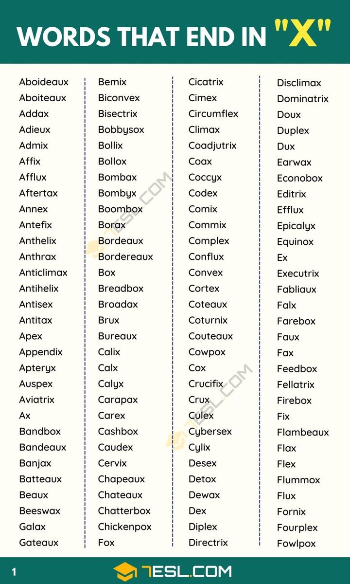 Words That End In X 300 Words In English 7ESL