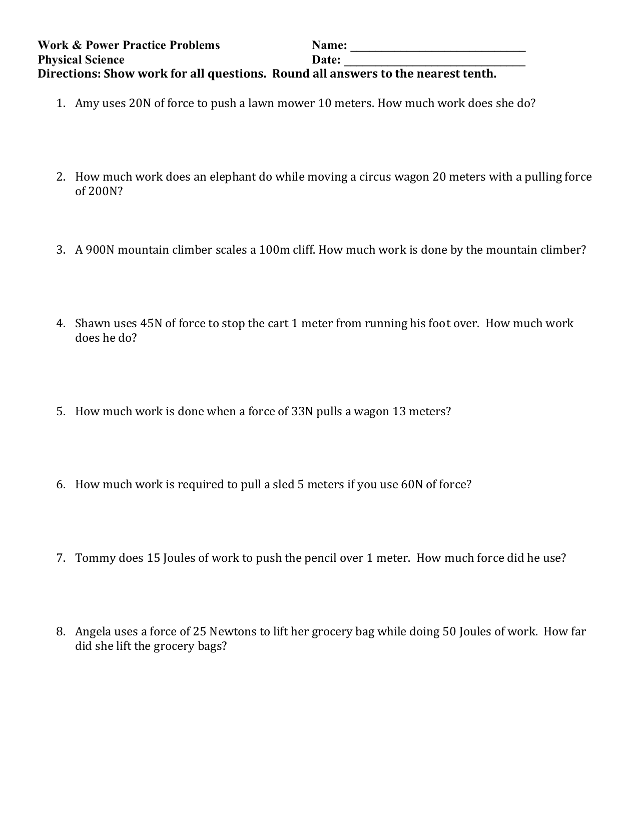 Work Power Practice Problems Worksheet