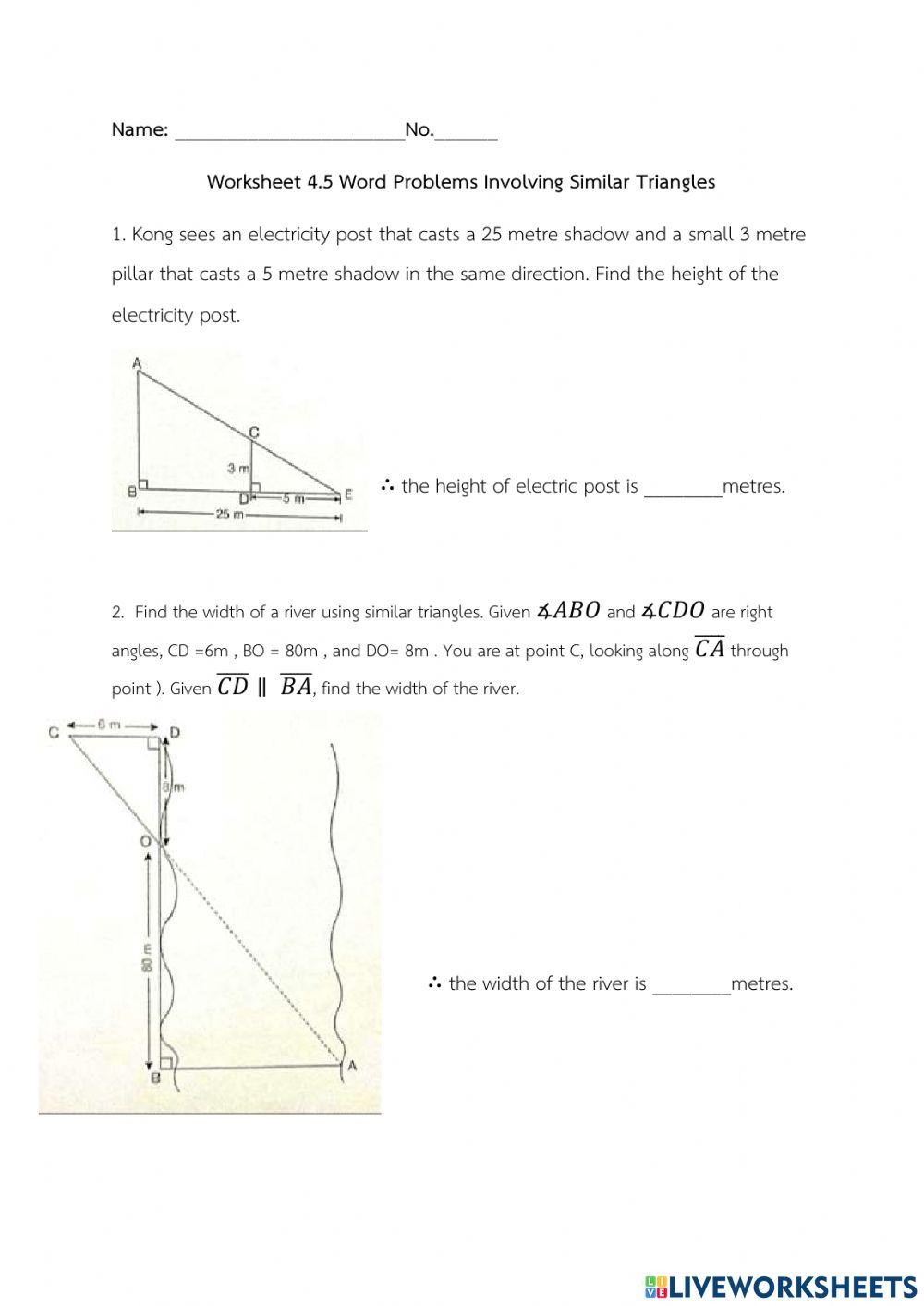 Worksheet 4 5 Word Problems Involving Similar Triangles Worksheet Worksheets Library