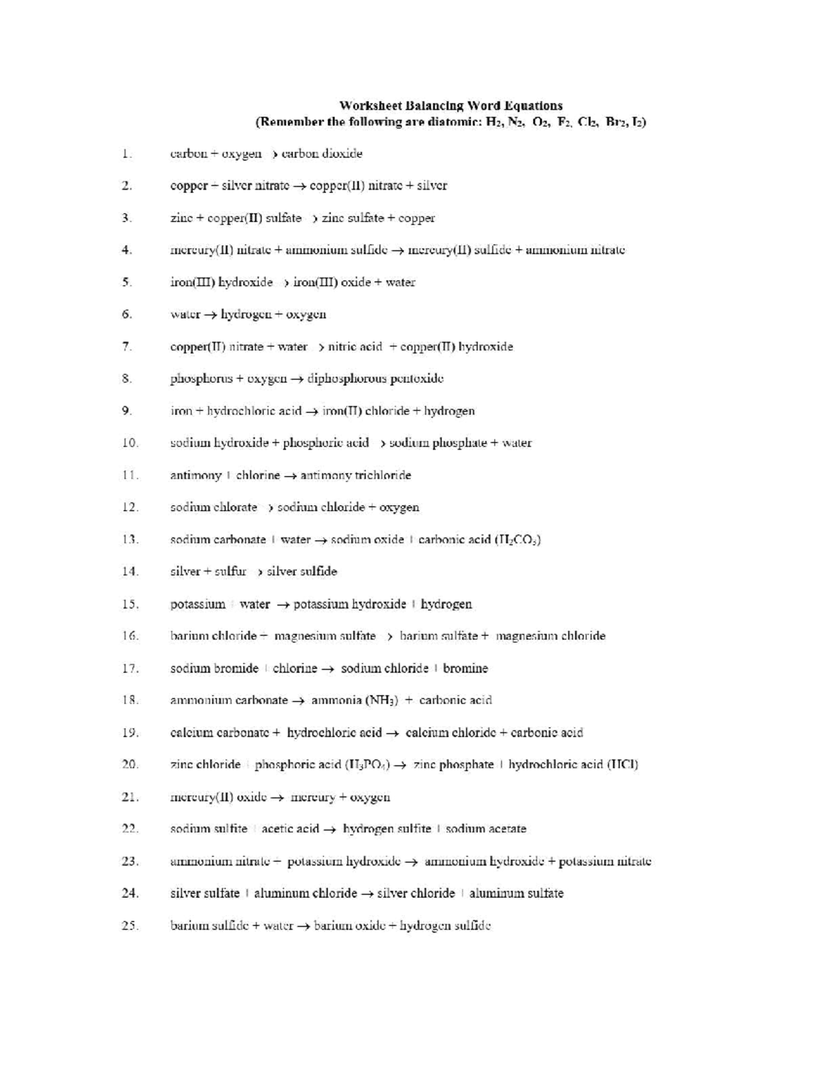 Worksheet Balancing Word Equations Chemistry 101 Studocu