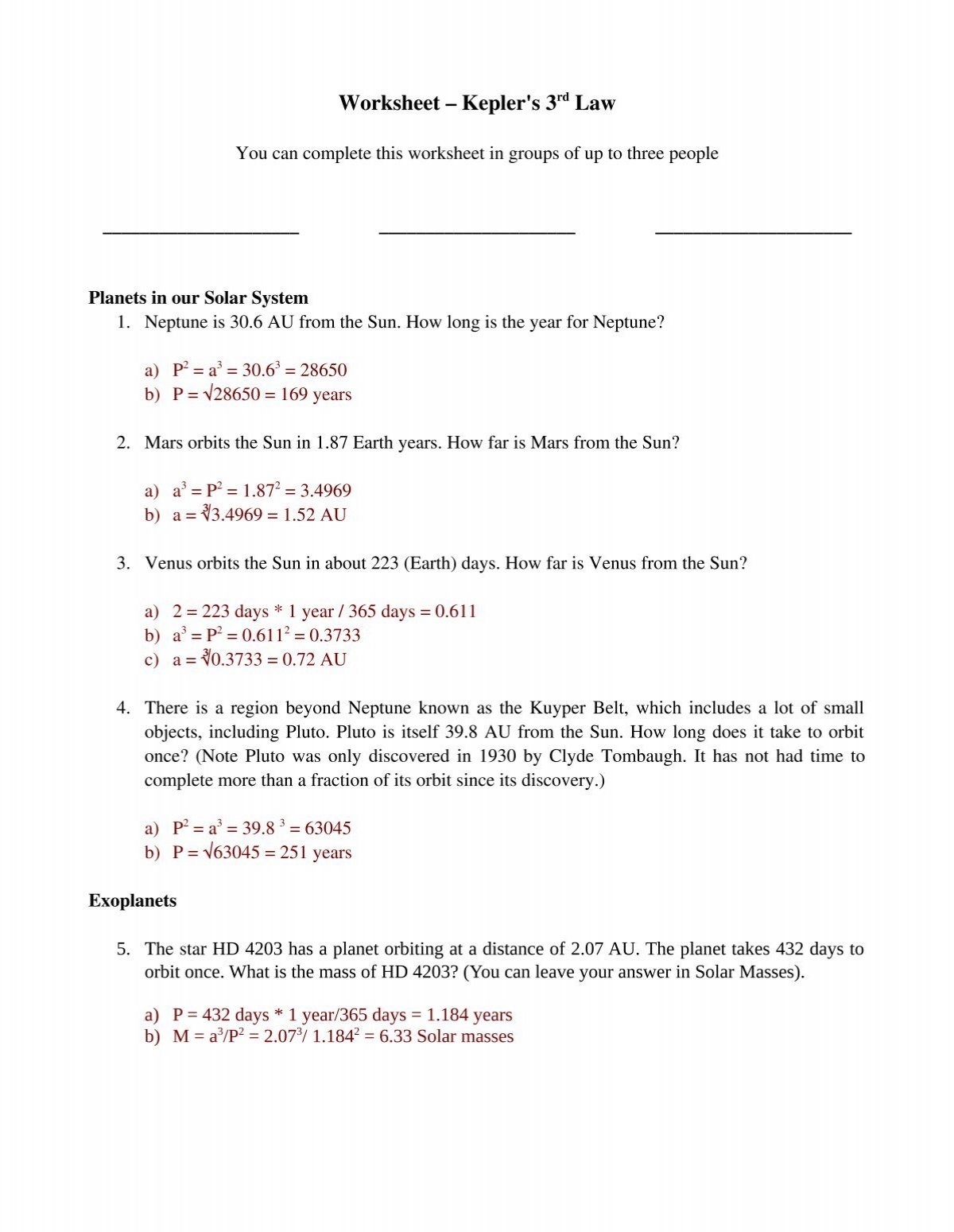Worksheet Kepler S 3rd Law Physics CSU Stanislaus