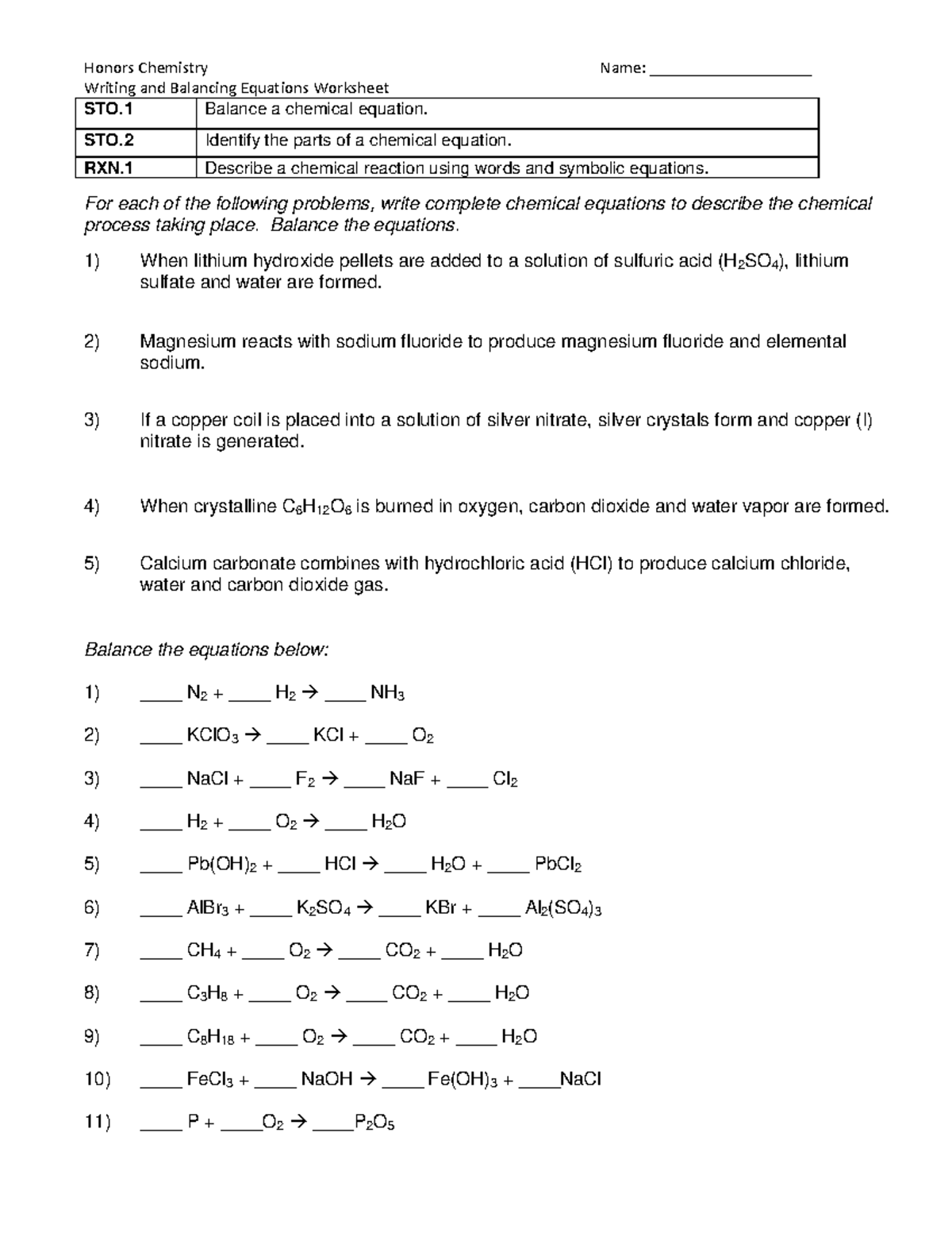 Worksheet On Balancing Chemical Equations STO 1 RXN 1 With Answers Studocu