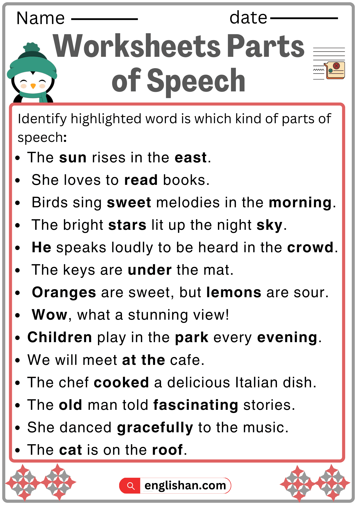 Parts Of Speech Worksheet Parts Of Speech Exercises 7ESL