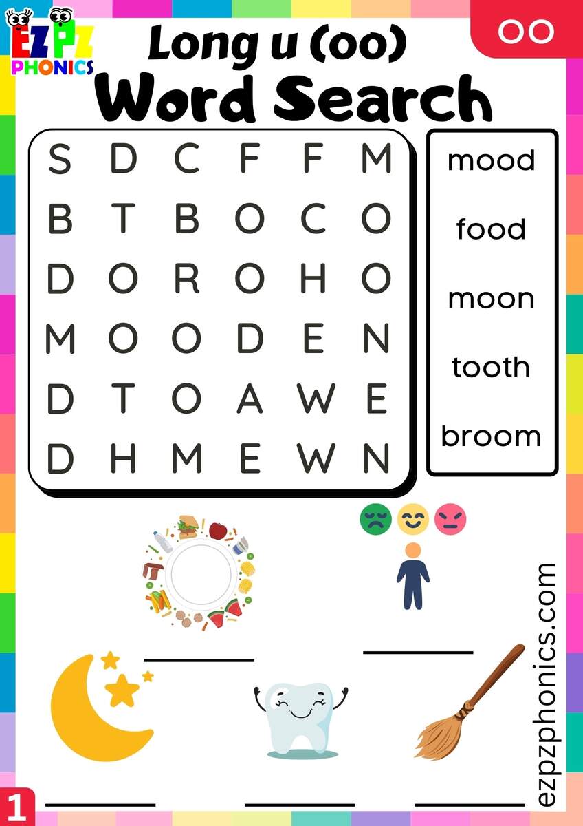 Write And Find The Words Word Search For Oo Words Long U Oo Sound Ezpzphonics Word Study Sort 3 Oo Word Search WordMint