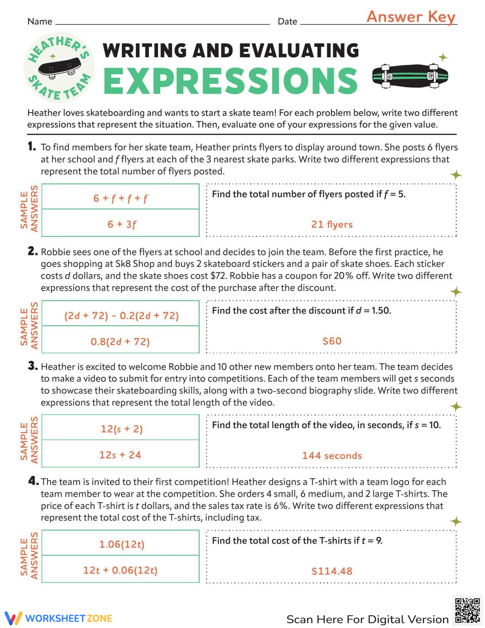 Write Evaluate Expressions Algebra Worksheet