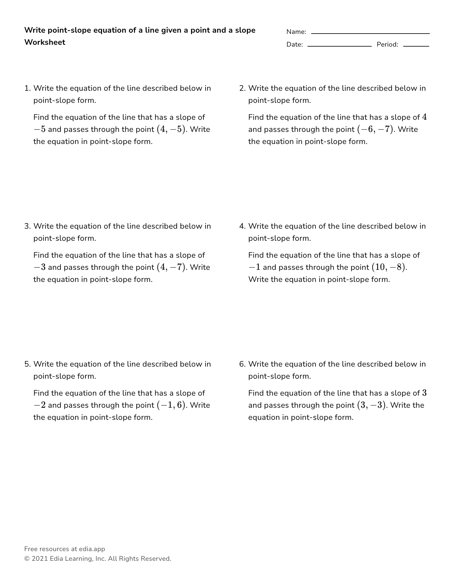 Write Point Slope Equation Of A Line Given A Point And A Slope Worksheet