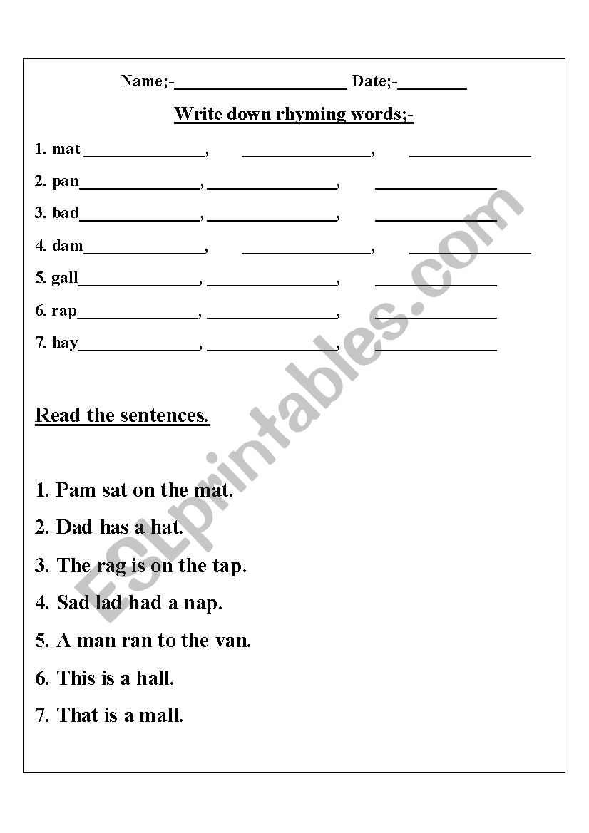 Write Rhyming Words And Reading Sentences ESL Worksheet By Udgamschool Write Rhyming Words And Reading Sentences ESL Worksheet By Udgamschool