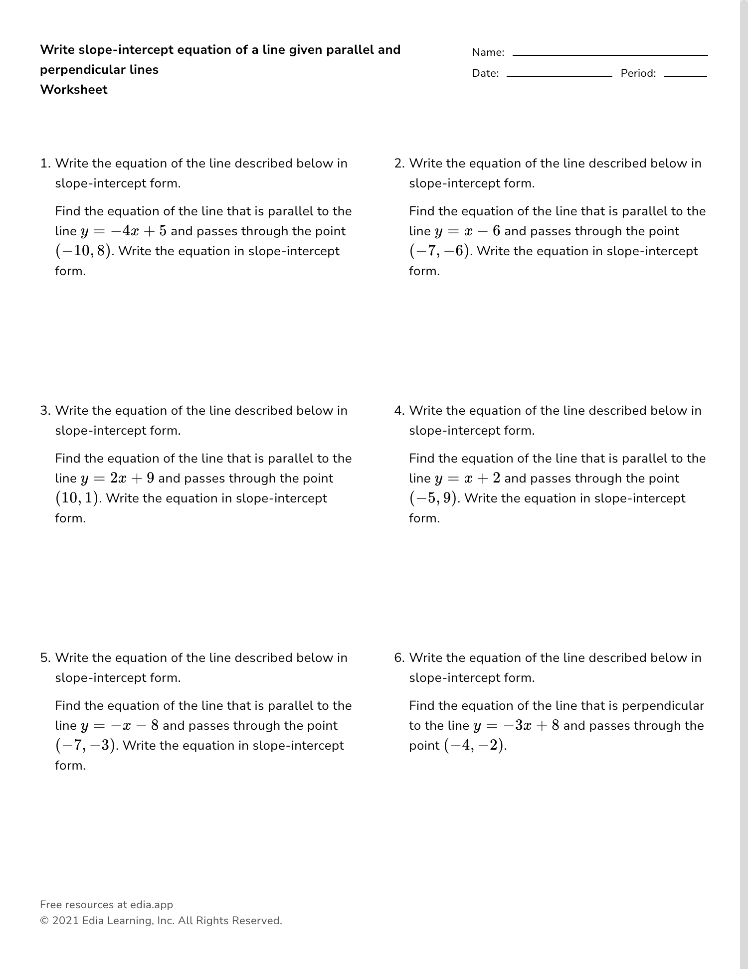Write Slope Intercept Equation Of A Line Given Parallel And Perpendicular Lines Worksheet