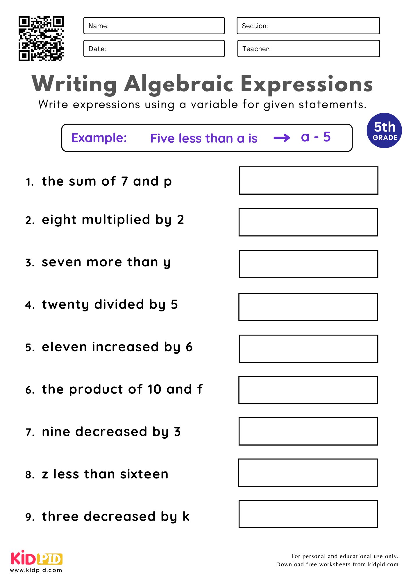 Writing Algebraic Expressions Worksheet For Grade 5 Kidpid Writing Algebraic Expressions FREE Practice Pages Math Geek Mama