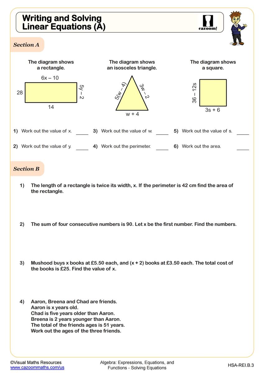 Writing And Solving Linear Equations A Worksheet Fun And Engaging Algebra I PDF Worksheets Cazoom Math