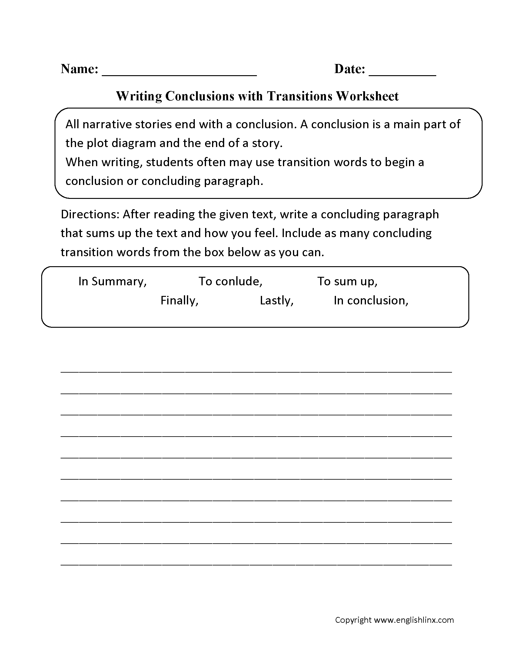 Writing Conclusions Worksheets Writing Conclusions With Transitions Worksheets Transition Words Worksheet Narrative Writing Practice