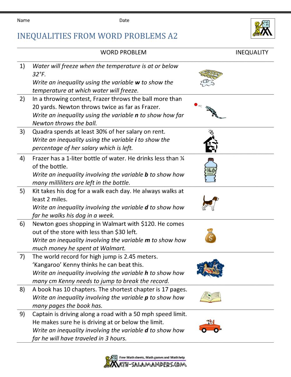 Algebra 1 Inequalities Word Problems Worksheet Studocu