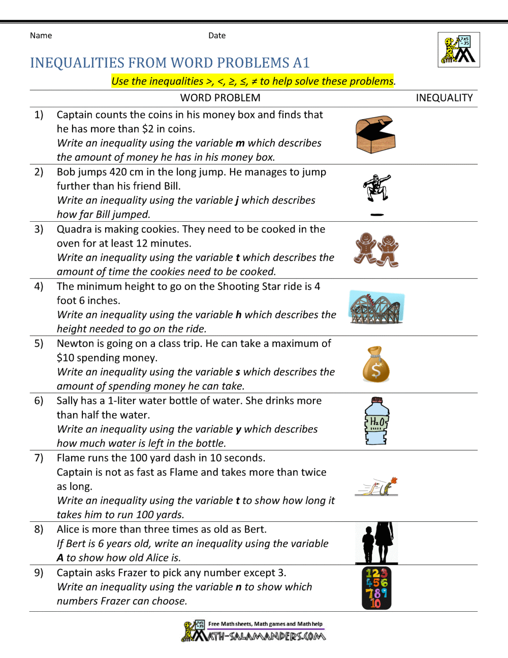Writing Inequalities From Word Problems Worksheets Library